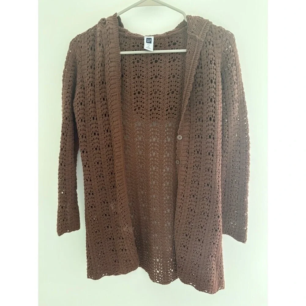 Gap Kids Girls 10 Brown Hooded Crochet Cardigan With‎ Buttons & Long Sleeves